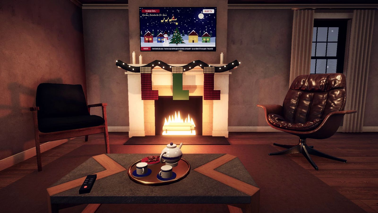 Şöminenin önünde çay tepsisi